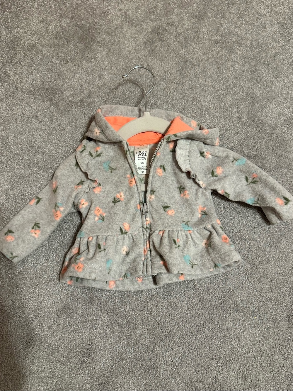 Carter's Gray Floral Hooded Puffer Jacket with Peach Lining